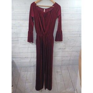 MTS Velvet Jumpsuit Burgundy Red Long Sleeve Stretch Sz L Straight Leg